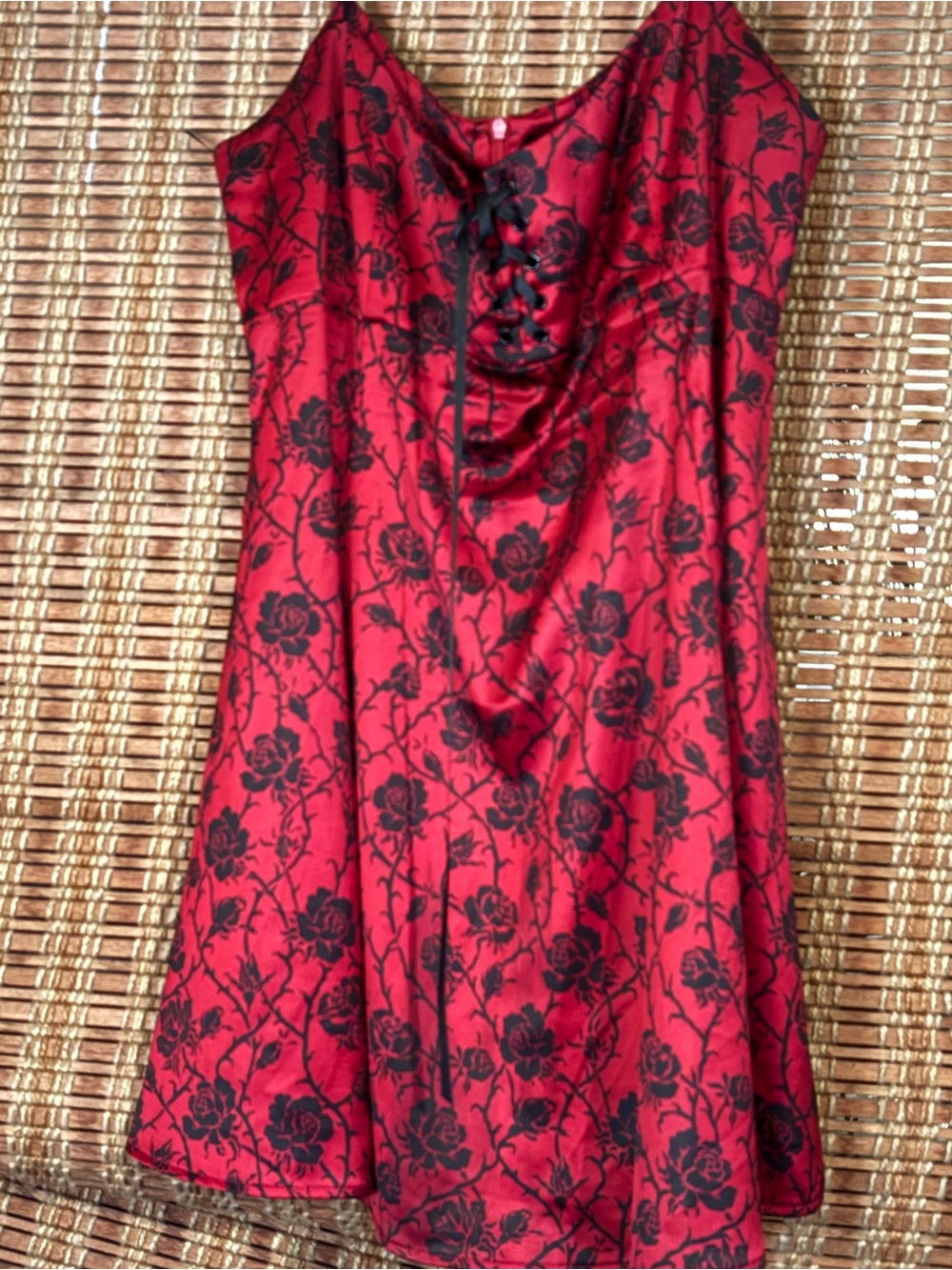 Dolls Kill Red Satin Mini Dress with Black Rose Print